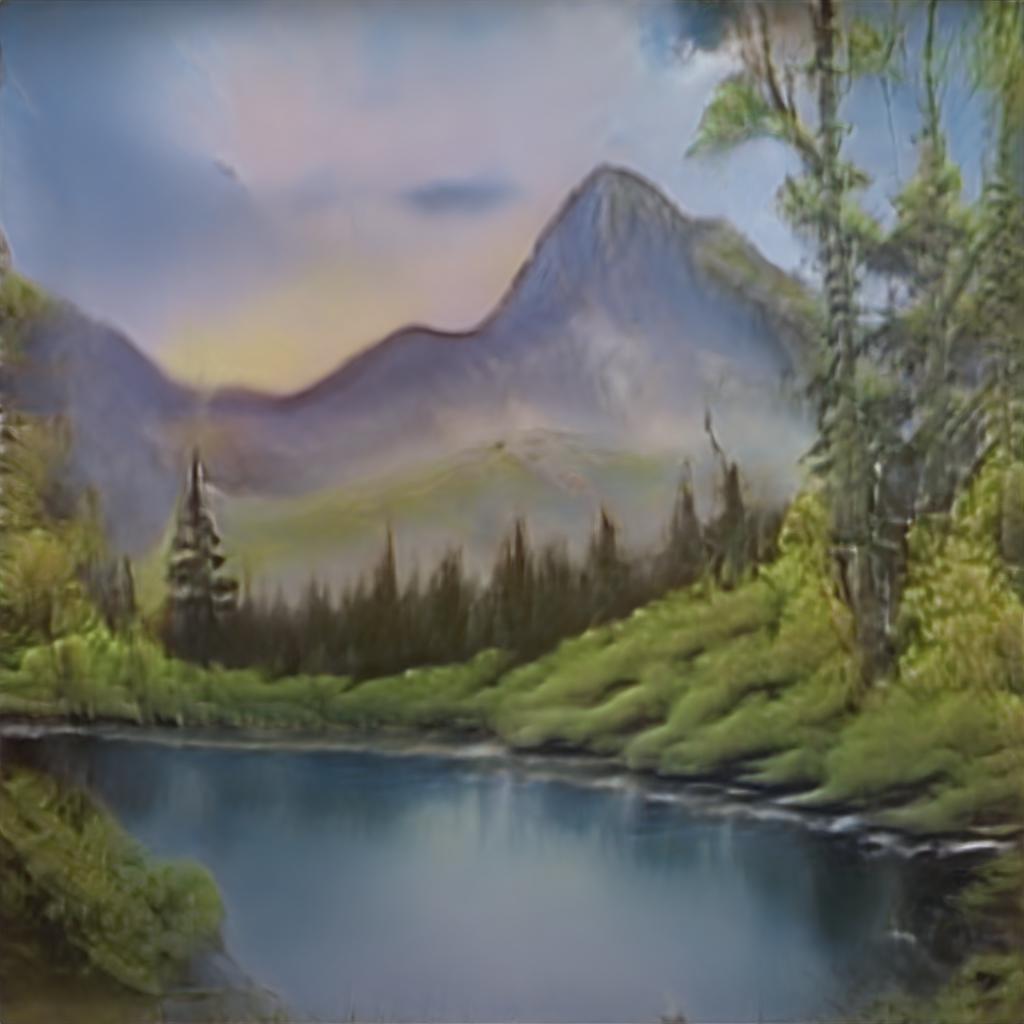 A landscape painting tranquil lake as the sun sets behind purple mountains. Bob Ross inspired paintings made by AI.